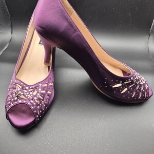 Women's Purple Satin Peep-Toe Heels with Crystal Accents